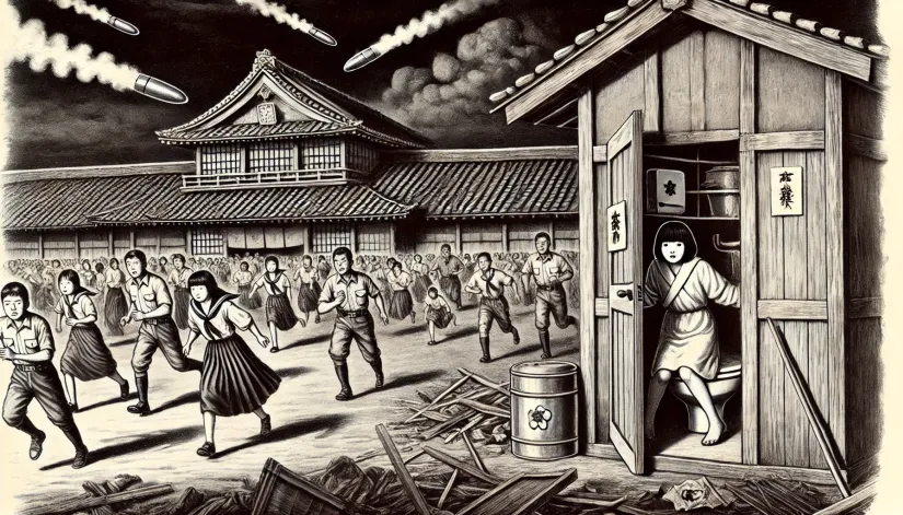 Dark depiction of a wartime Japanese school during an air raid, with a girl hiding in the bathroom stall.