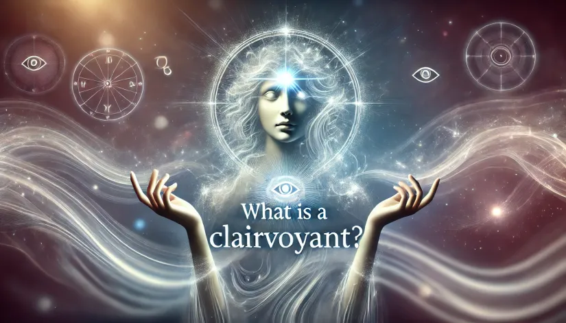 a clairvoyant in a magical, light-filled space surrounded by mystical symbols. The text "What is a Clairvoyant?" is at the top.