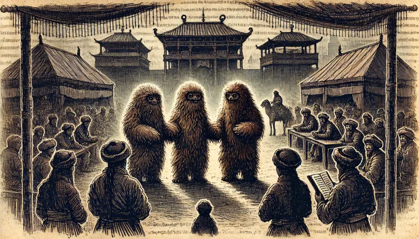 Wild-Almas-Gifted-to-Khan three Almas creatures being offered as a gift to the Khan in Mongolia
Caption: