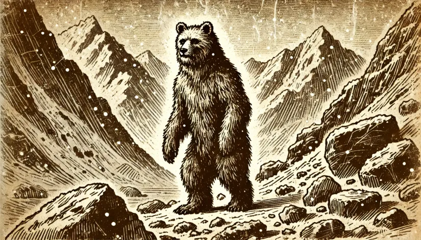 Yeti-Bear-Hybrid-Theory a Himalayan bear standing on its hind legs in a snowy, rocky mountain setting.
