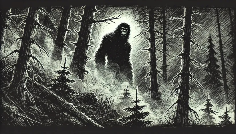 Dark sketch of a mysterious Yeti-like figure lurking in the shadows of a dense Himalayan forest.