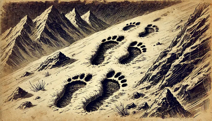 Yeti-Footprints-in-Snow-Himalayas Large humanoid Yeti footprints in the snow high in the Himalayan mountains.