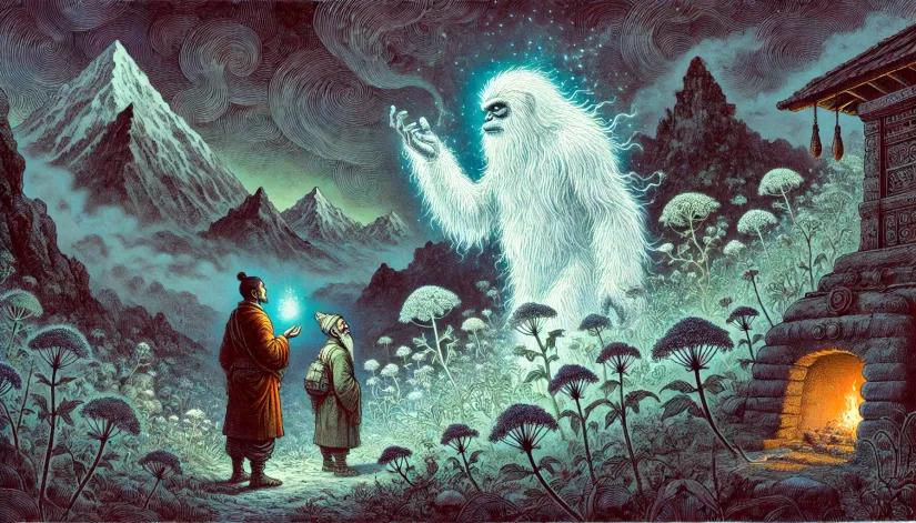 Yeti-Guides-Pasang-to-Healing-Herb Pasang, the village elder, encounters a glowing Yeti leading him to a rare herb in a dream-like landscape.