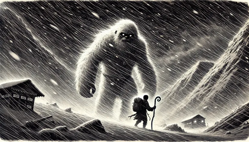 Yeti-Leading-Tenzin-through-Snowstorm Yeti myths: Tenzin being led by a massive Yeti through a fierce snowstorm in the Bhutan mountains.