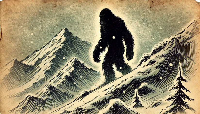 Yeti-Lurking-Shadow-Snowy-Mountain Shadowy figure resembling the Yeti lurking on a snowy mountain peak, drawn in a dark, mysterious style.
