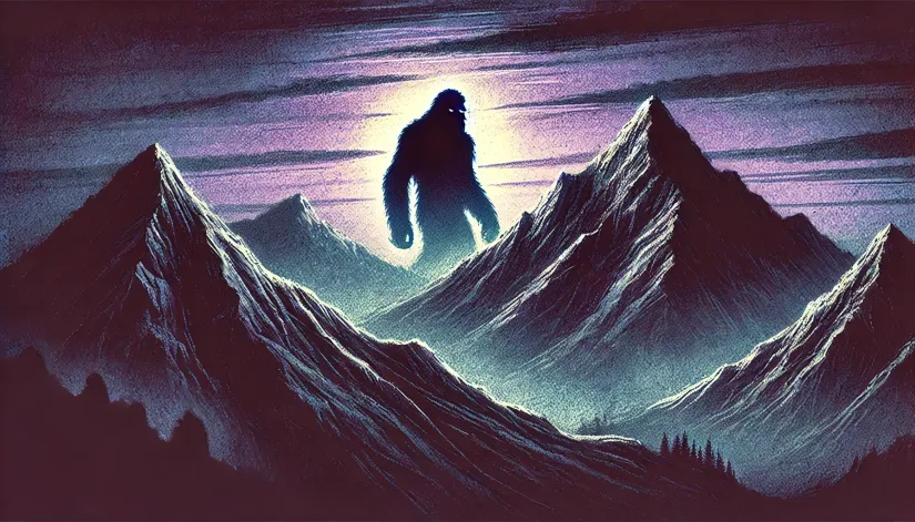 Yeti myths: A Yeti’s silhouette stands on a distant Himalayan peak at dusk, blending into the snowy mountains under an eerie sky.