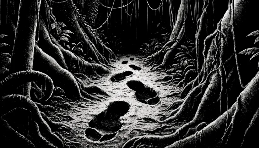 Black-and-white sketch of backward-facing footprints in the Amazon jungle mud