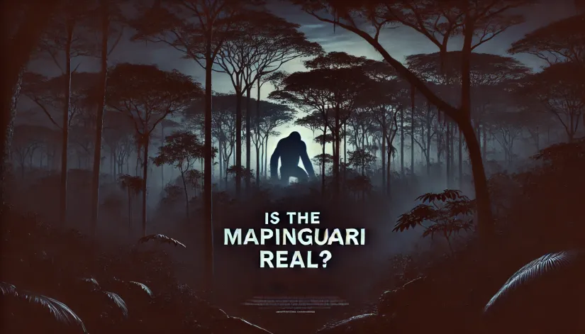 Twilight jungle with hidden Mapinguari outline and "Is the Mapinguari Real?" text