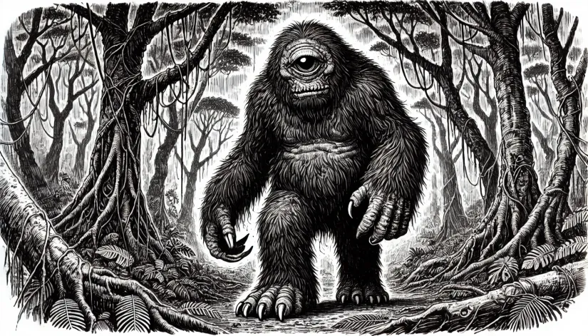 Black-and-white sketch of the Mapinguari with cyclopean eye and backward-facing feet