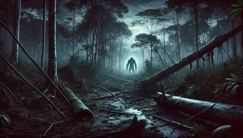 In the moonlit shadows of the Amazon Rainforest, broken branches and disturbed foliage hint at the passage of a massive creature, possibly the legendary Mapinguari.