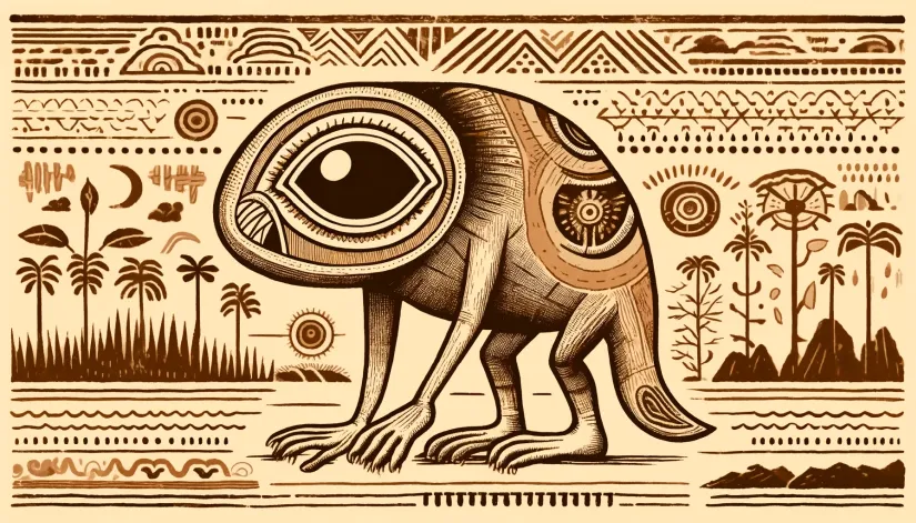 Amazonian tribal drawing of the Mapinguari with backward feet and traditional motifs