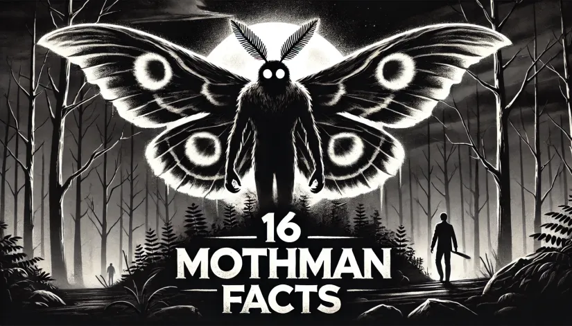 Mothman standing near a forest at night with glowing white eyes, with "16 Mothman Facts" text in bold.