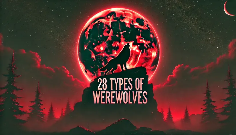 A werewolf silhouette standing on a rocky cliff under a blood moon, featuring the text '28 Types of Werewolves'