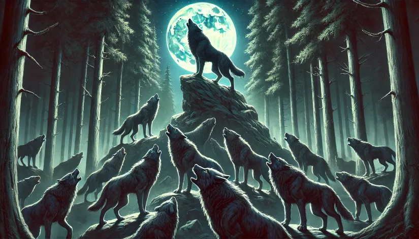 A werewolf Alpha stands on a high rock leading the pack, with Betas and Gammas gathered below in a moonlit forest