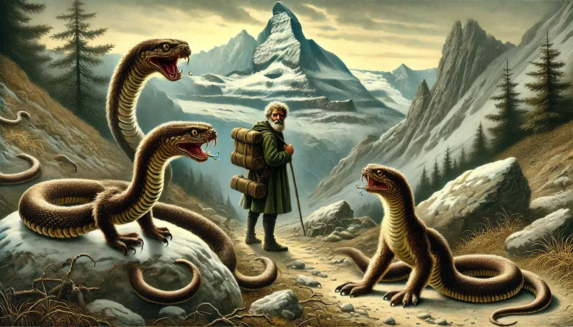 Hans Fuchs encountering two Tatzelwurms with snake-like bodies and cat-like heads in the Swiss Alps.