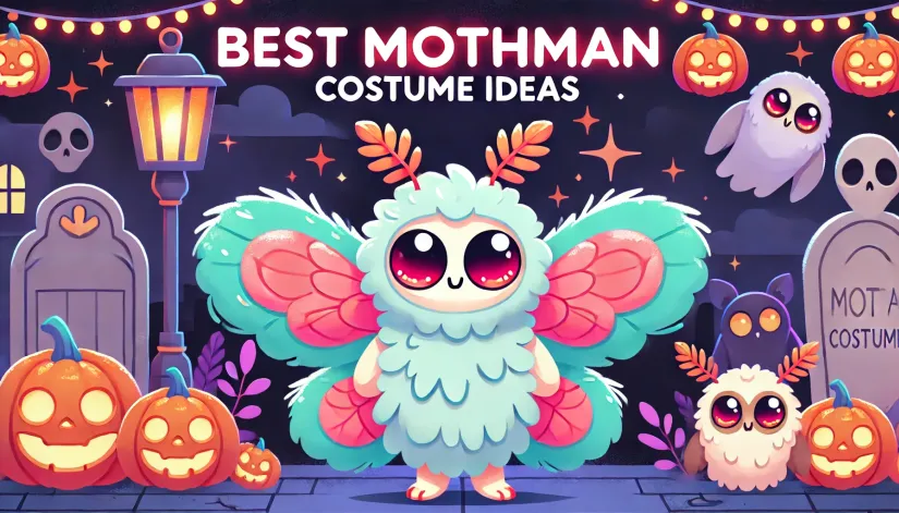 Cute Mothman costume for kids with fluffy wings, pastel colors, and glowing cartoonish red eyes, set against a fun Halloween night background.