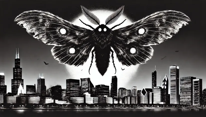 Black-and-white image of a large Mothman-like creature with glowing eyes flying over the Chicago skyline.