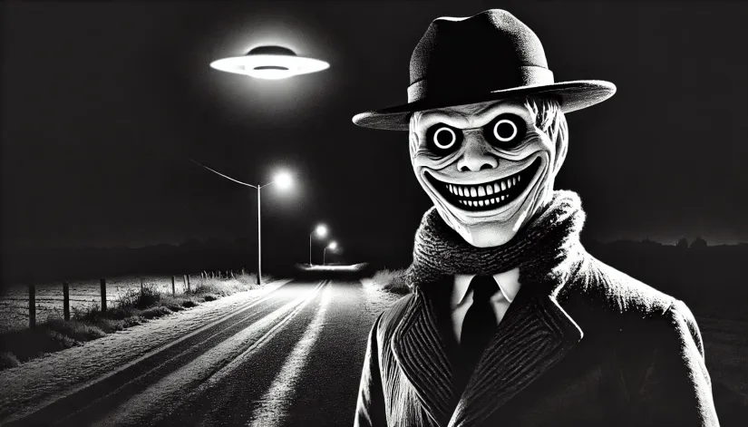 Black-and-white image of Indrid Cold, "The Grinning Man," standing on a desolate road at night with a UFO in the sky.