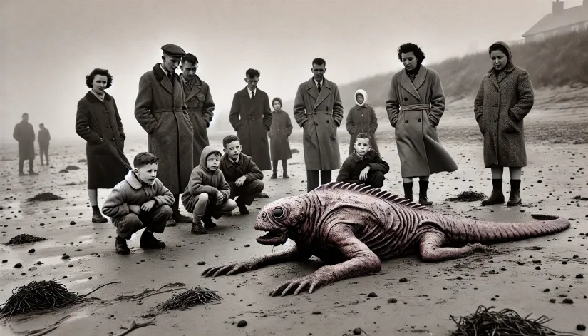 Children gather around the mysterious Canvey Island Monster found on a beach in November 1953.