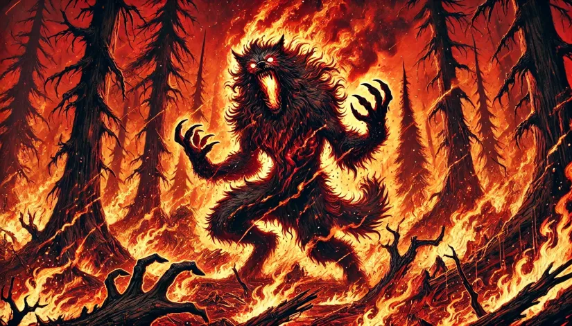 A chaotic evil werewolf surrounded by flames in a burning forest, with glowing ember eyes and ignited fur