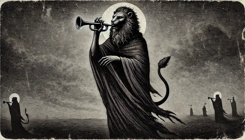 Dark-Black-and-White-Purson-Blowing-Trumpet Grainy black and white depiction of Purson with a lion's head, blowing a trumpet.