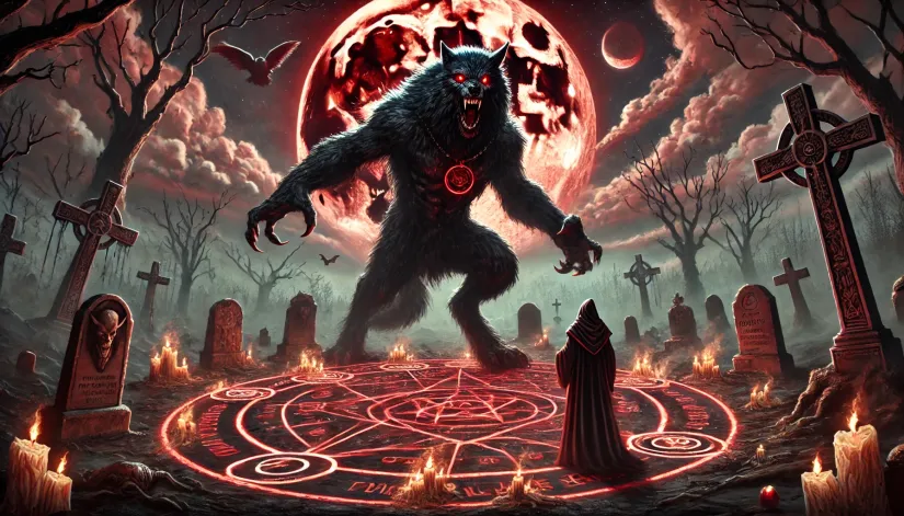 A demonic werewolf summoned through a dark ritual at a crossroads under a blood moon, glowing red eyes and shadowy fur