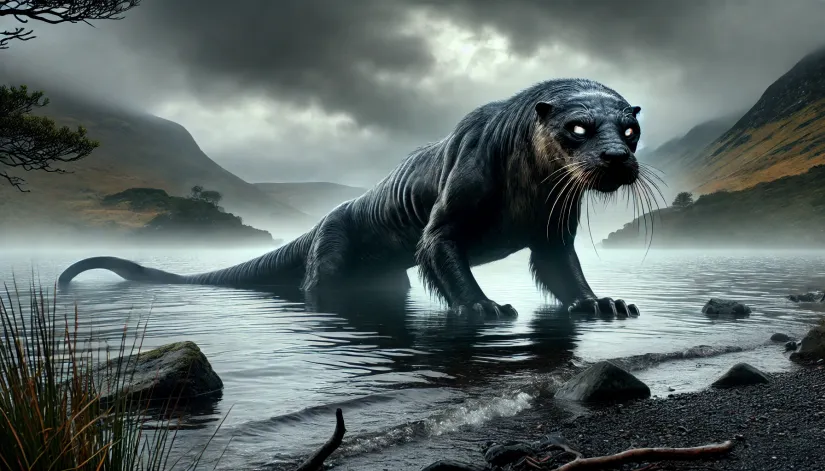 The Dobhar-chú, an oversized otter-like cryptid with a dog-like head, emerges from the misty waters of an Irish lake.