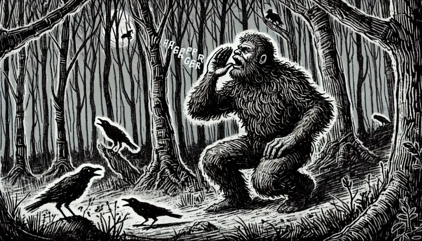 El-Pombero-Imitating-Bird-Sounds Sketch-style image of El Pombero mimicking bird sounds in the dark forest.