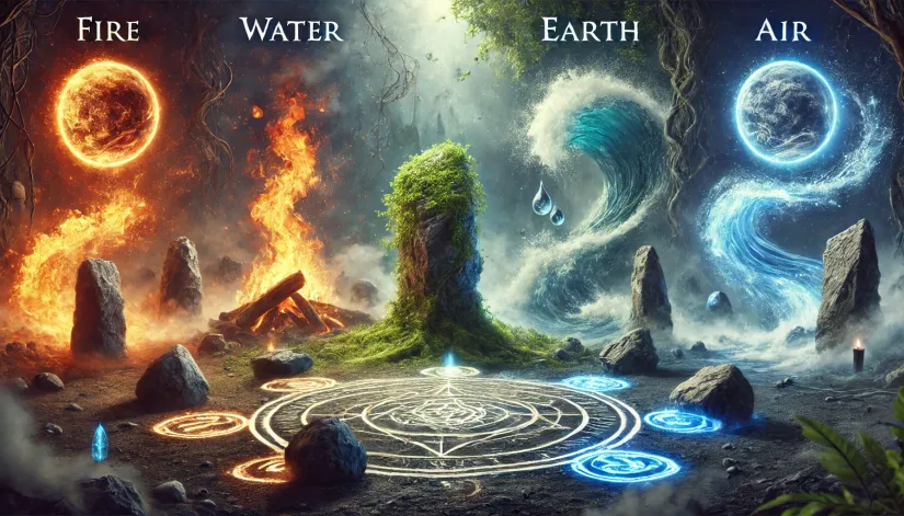 A mystical scene representing the four elemental forces—fire, water, earth, and air—around a stone circle with glowing runes