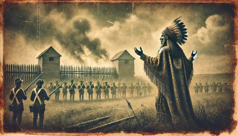 Grainy, vintage image of Chief Cornstalk invoking a curse in front of a burning fort under stormy skies.