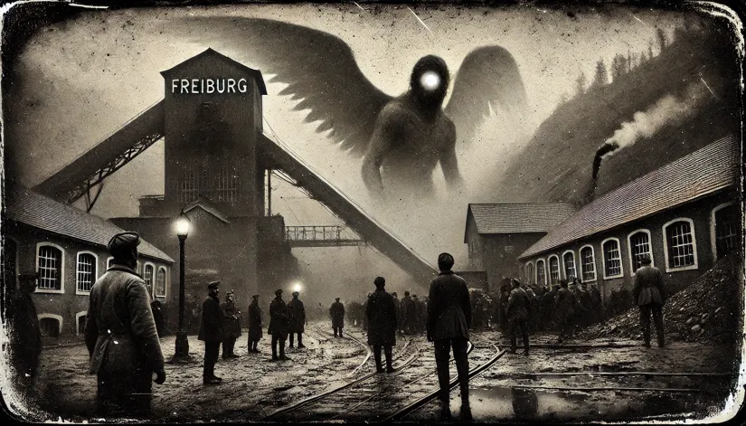 Grainy vintage image of miners facing a winged creature with glowing eyes blocking the entrance to a coal mine.