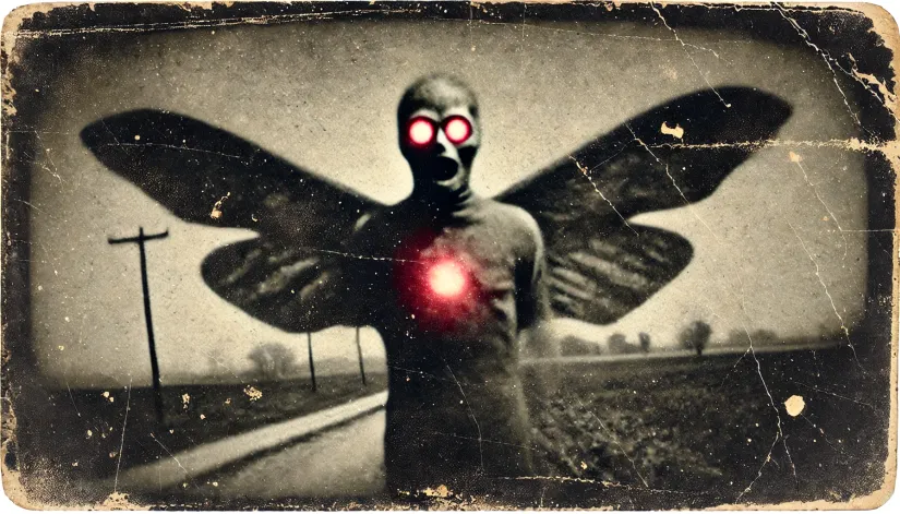 Grainy vintage photograph of a headless Mothman figure with glowing red chest eyes flying over a rural area.