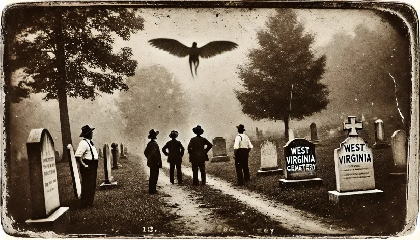 Grainy, vintage-style image of gravediggers spotting a winged creature flying over a cemetery at dusk in Clendenin, WV.