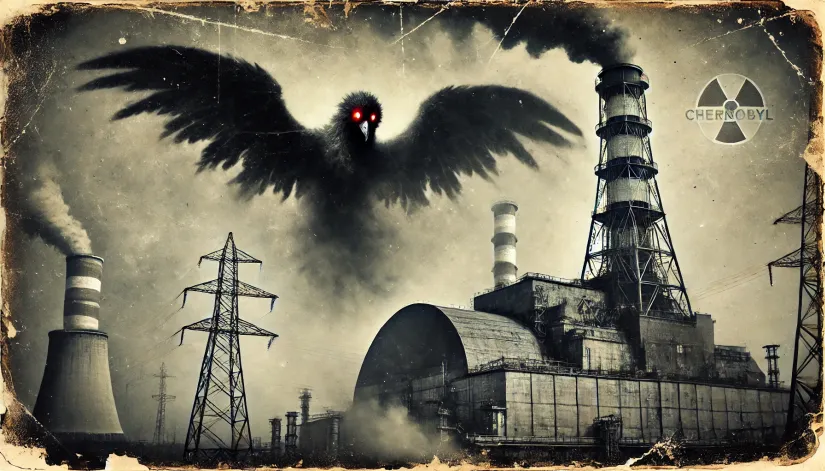 Grainy vintage photograph of a black winged creature with glowing red eyes hovering above the Chernobyl nuclear plant.