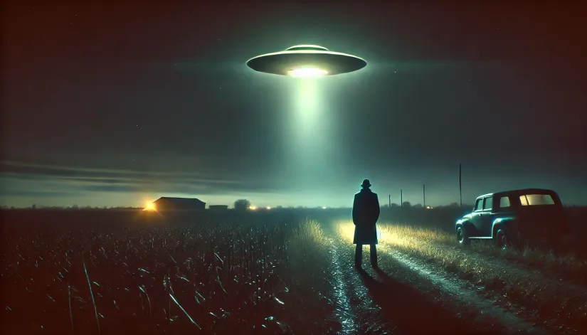 Indrid-Cold-UFO-Rural-Sighting A glowing UFO hovering over a rural field at night with Indrid Cold standing in the foreground.