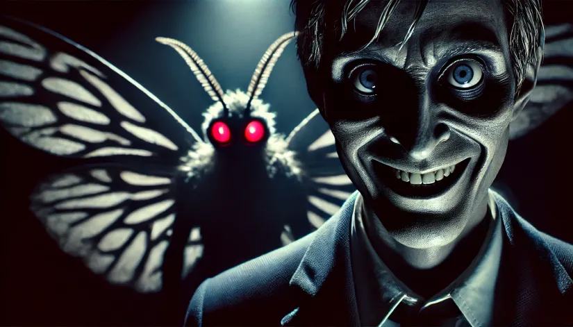 Indrid-Cold-and-Mothman-Face-to-Face Close-up of Indrid Cold face-to-face with Mothman, glowing red eyes and eerie grin.