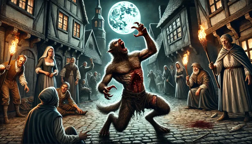 A man mid-transformation into a werewolf after being bitten, in a medieval village under the full moon