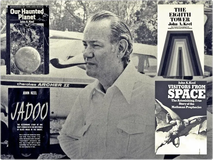 Black and white image of John Keel and some of his books