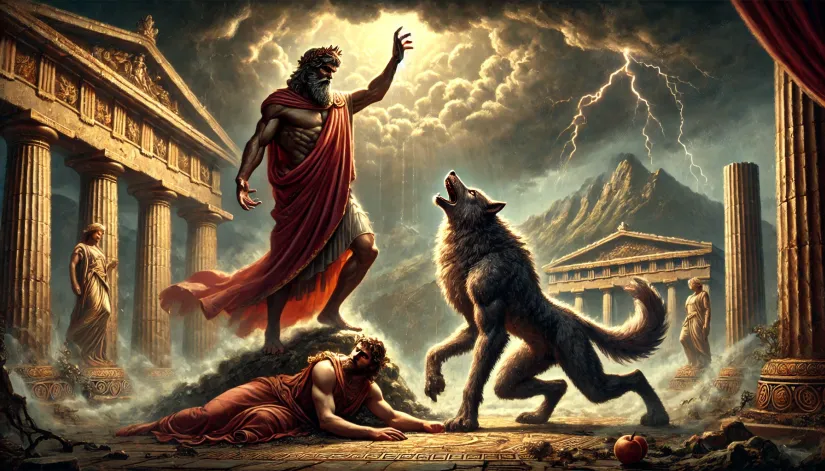 King Lycaon mid-transformation into a werewolf, cursed by Zeus in ancient Greece