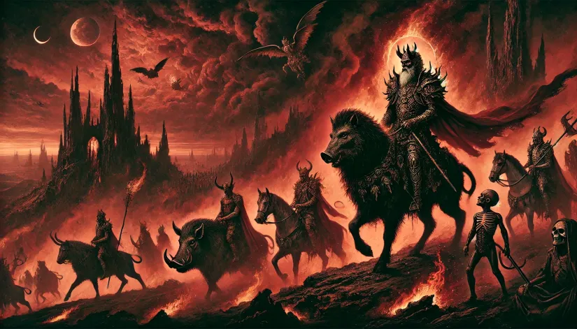King-of-Hell-Demonic-Procession-in-Hell A demonic procession in Hell led by Purson with his iconic lion's head.