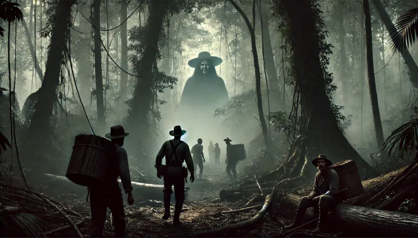 Disoriented loggers wandering in the foggy jungle, watched by a distant Madremonte figure.