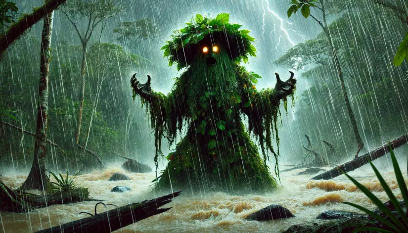 Madremonte standing in the middle of a jungle storm, controlling the weather with glowing eyes.