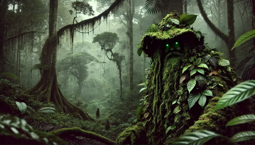 Madremonte cryptid camouflaged in the Colombian jungle, symbolizing the protector of nature.