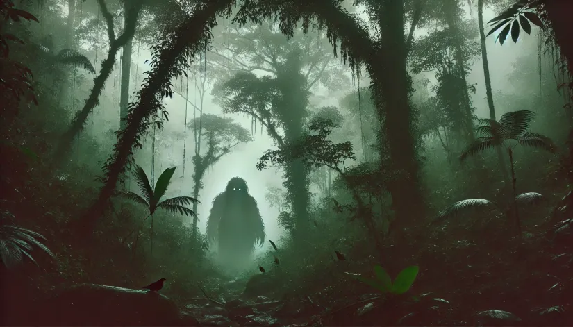 Dense Colombian jungle with thick mist and a shadowy figure of Madremonte watching through the fog.