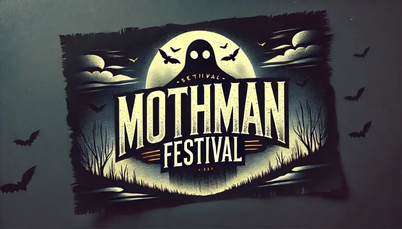 Mysterious poster for Mothman Festival with eerie text on foggy background.