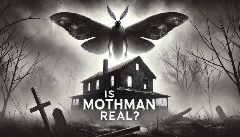 Black and white image of the Mothman hovering over an abandoned building, with the text 'Is Mothman Real?' in the foggy sky.