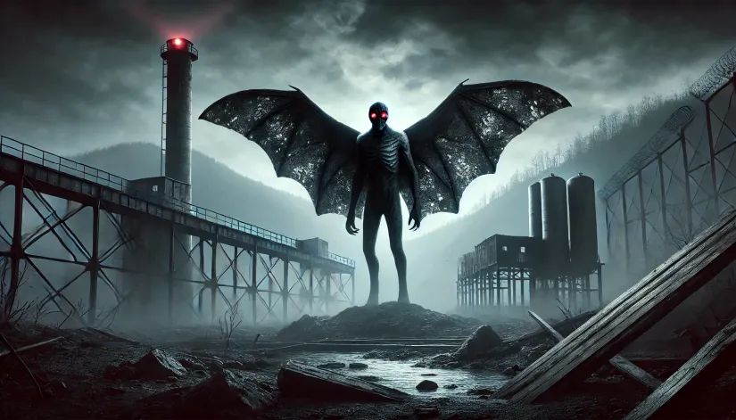 Mothman with glowing red eyes and bat-like wings hovers over a dark and eerie Point Pleasant landscape, with the abandoned TNT area in the background.