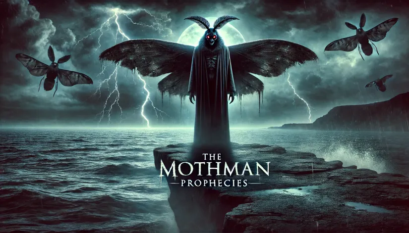 Mothman cryptid standing on the edge of a cliff at night, with glowing red eyes and the text "The Mothman Prophecies" below.