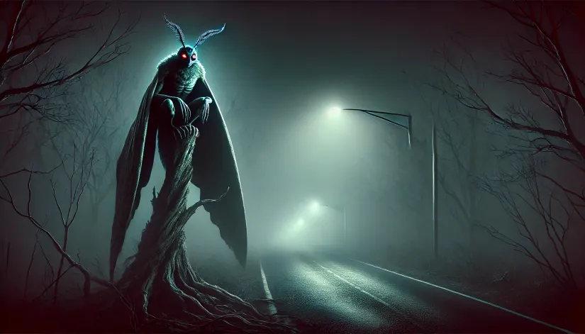 Mothman perched on a tree branch, glowing red eyes watching over a desolate, foggy road at night.