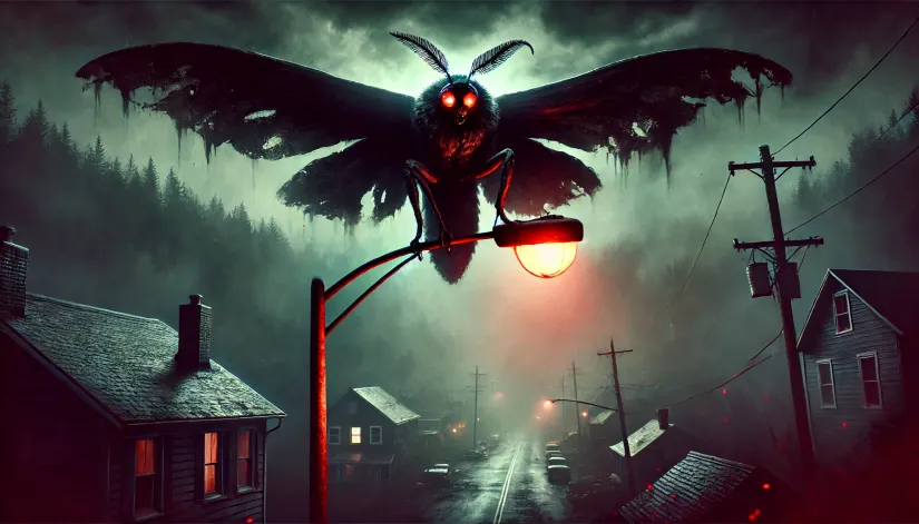 Mothman-Perched-Over-Town The Mothman cryptid with glowing red eyes perched on a broken streetlight, overlooking a small, misty town at dusk.